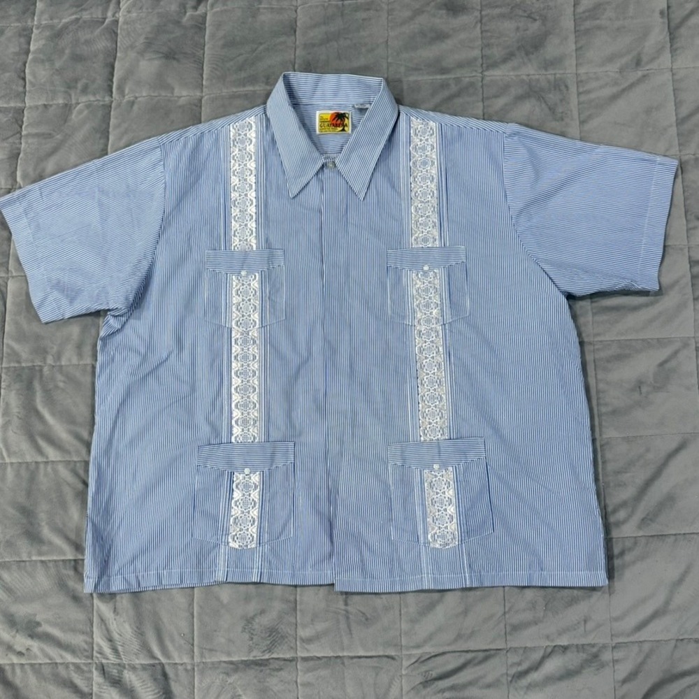 Haband Guayabera Shirt 3X Blue White Striped Lace Panel 4 Pocket Short Sleeve